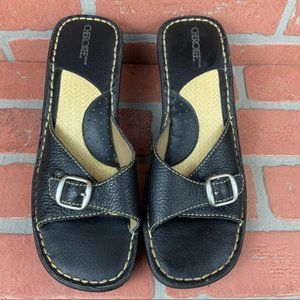 Black Wedge Slides w Leather Upper